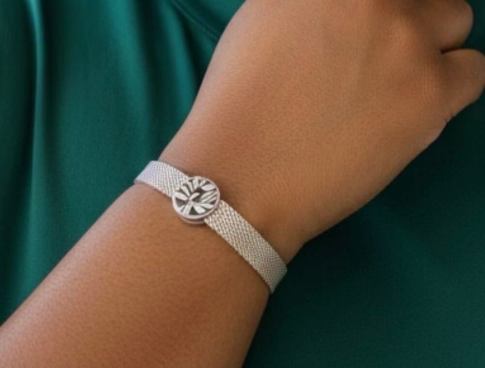 Pandora S925 ALE Sterling Silver Mesh Bracelet 6.25 Inch With Floral Charm